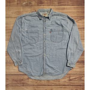 Levis Red Tab Large Mens Button Up Blue Denim Jean Shirt Western Long Sleeve